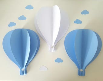 lot de 3 grandes montgolfières murales à coller 3D- très grand modèle 27 cm de haut -  en papier 210 gr
