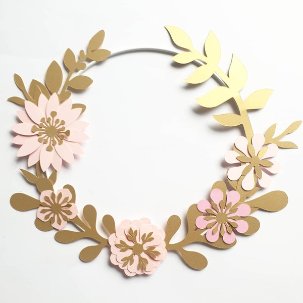 DIY,Kit,couronne de fleurs, décoration murale,fleurs papier,cercle metal, or, rose,mariage,cadeau noel, idee cadeau,diy