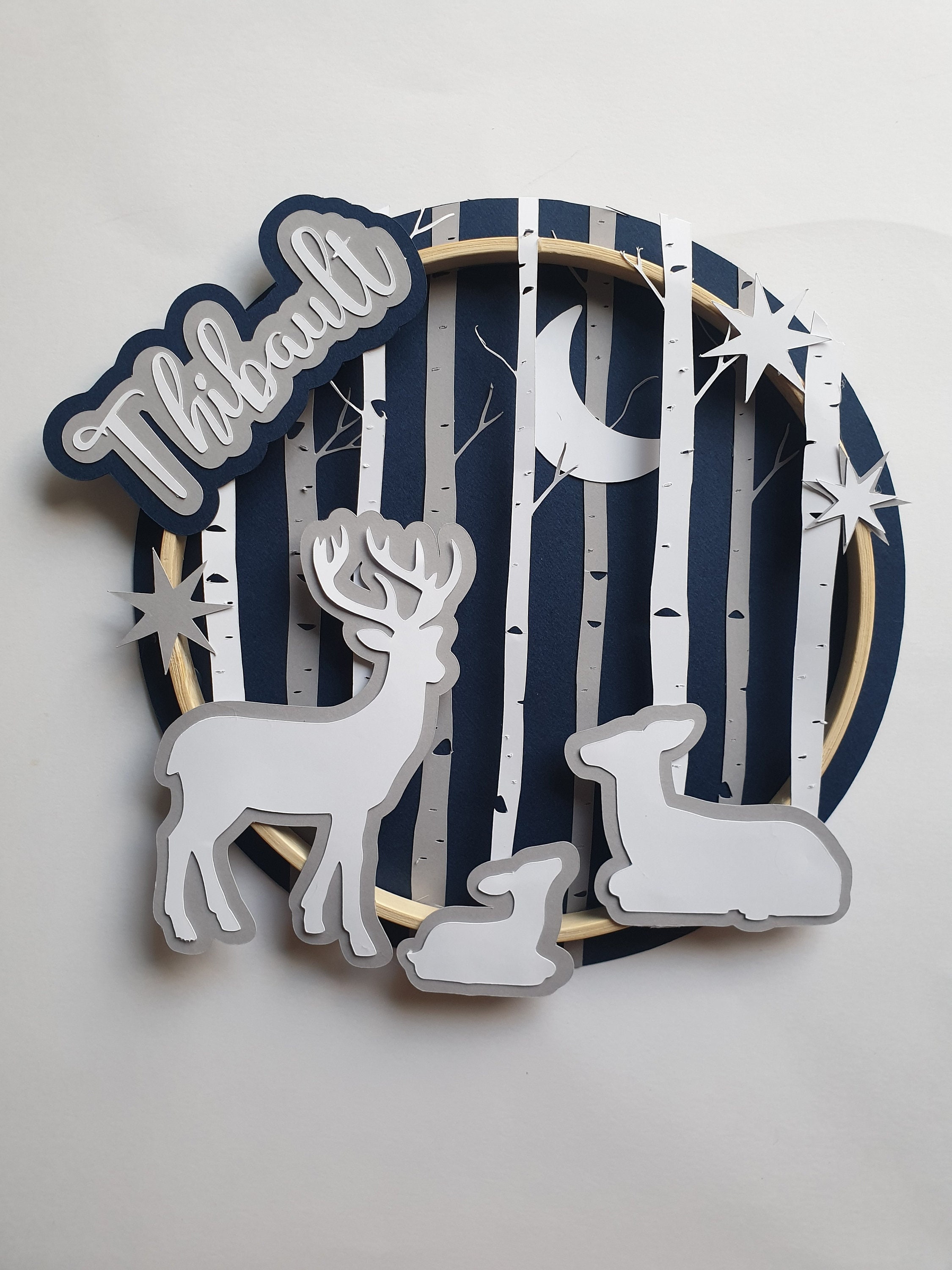 Cadeau Naissance, Décoration, Chambre de Bebe, Prenom, Forêt Bouleau, Cerf, Biche, Cercle Bambou, Pr