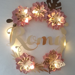 Flower crown, first name, birth gift, child's birthday, wall decoration, paper flowers, wooden circle, optional LED garland