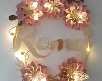 Flower crown, first name, birth gift, child's birthday, wall decoration, paper flowers, wooden circle, optional LED garland