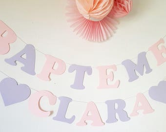 2 "Baptism - first" wreaths in thick pink paper and parma on white coated cotton cord - 2 hearts