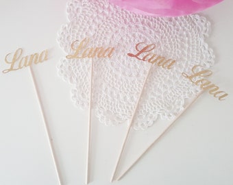 6 mini "first name" gold sequined paper skewers for birthday