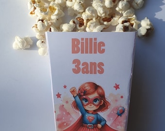 Boite pop corn,anniversaire enfant,décoration super heros, super heroïnes,pop corn, aquarelle personnalisée, lot de 8,rose