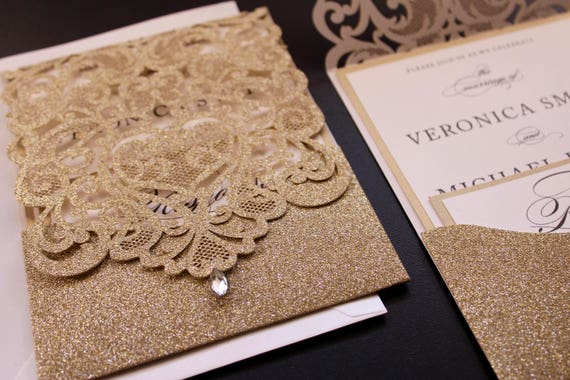 luxury glitter gold laser cut wedding invitations glam etsy