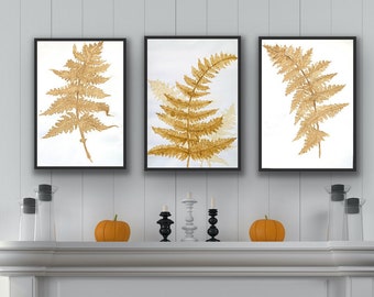 Trio de fougères d'automne Aquarelles Ensemble élégant peint à la main de 3 imprimés triptyques uniques inspirés de la nature Art mural minimaliste Décoration d'intérieur botanique.