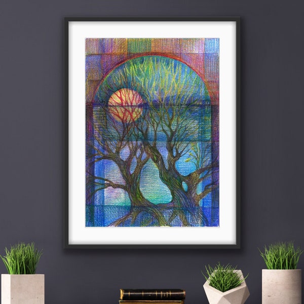 Printable Abstract Colorful Pencils Drawing Full Moon Vibrant Bright Unique Wall Art Home Decor Original Romantic Birthday Gift For Her Him