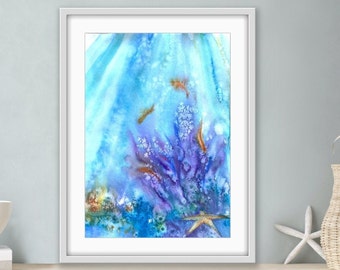 Printable Watercolor Painting "Sea Star" Vibrant Bright Wall Art Deep Blue Ocean Water Poster Colorful Original Print Unique Summer Gift