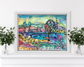 Printable Painting Strange Planet Fantasy Bright Modern Colourful Landscape