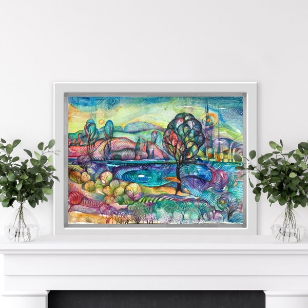 Printable Painting Strange Planet Fantasy Bright Modern Colourful Landscape