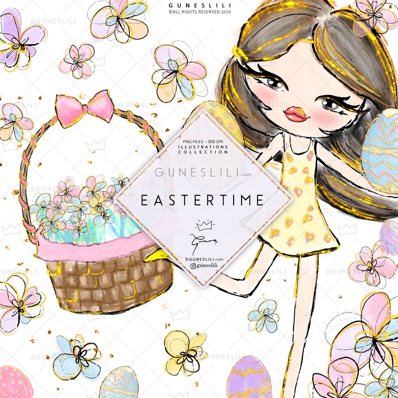 Spring Clipart Easter Eggs Clipart Spring Flowers Easter Bunny Clipart Easter Planner Stickers GunesLili Watercolor Easter Clipart Girl
