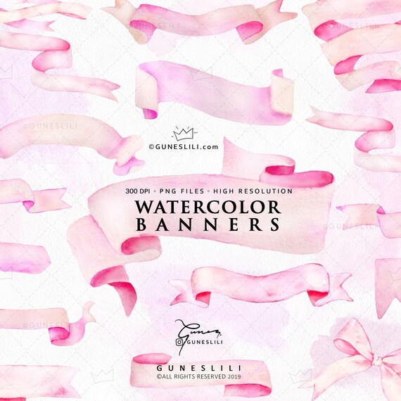 Pink Watercolor Banner Clipart Hand Painted Ribbon Banners