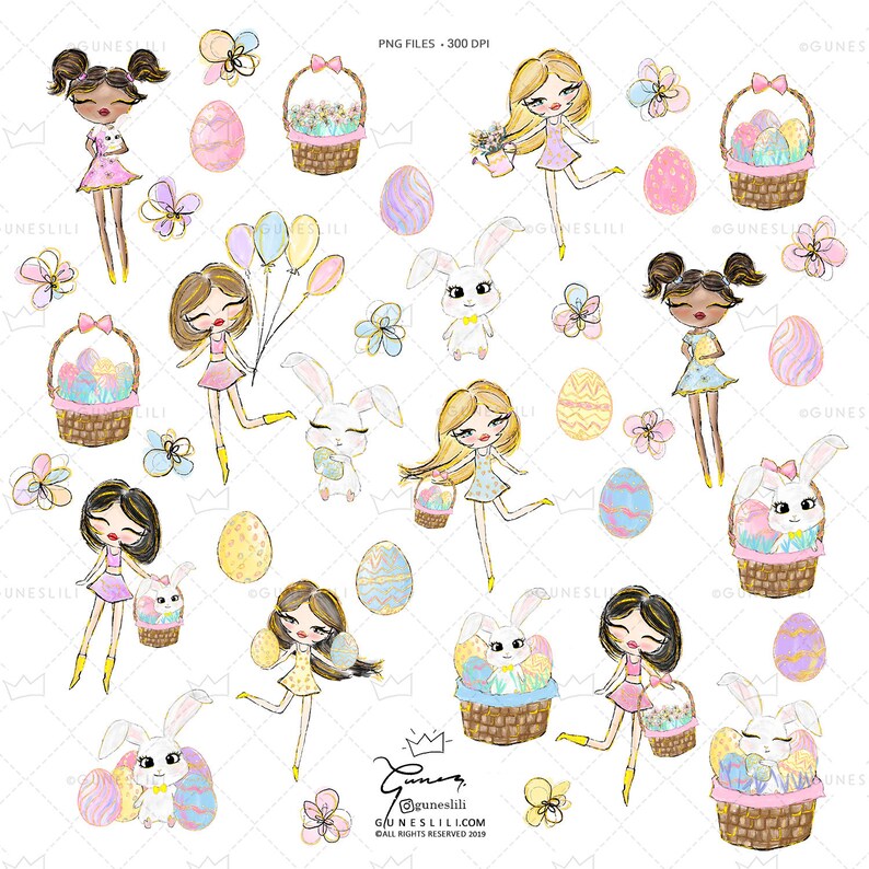 Spring Clipart Easter Eggs Clipart Spring Flowers Easter Bunny Clipart Easter Planner Stickers GunesLili Watercolor Easter Clipart Girl