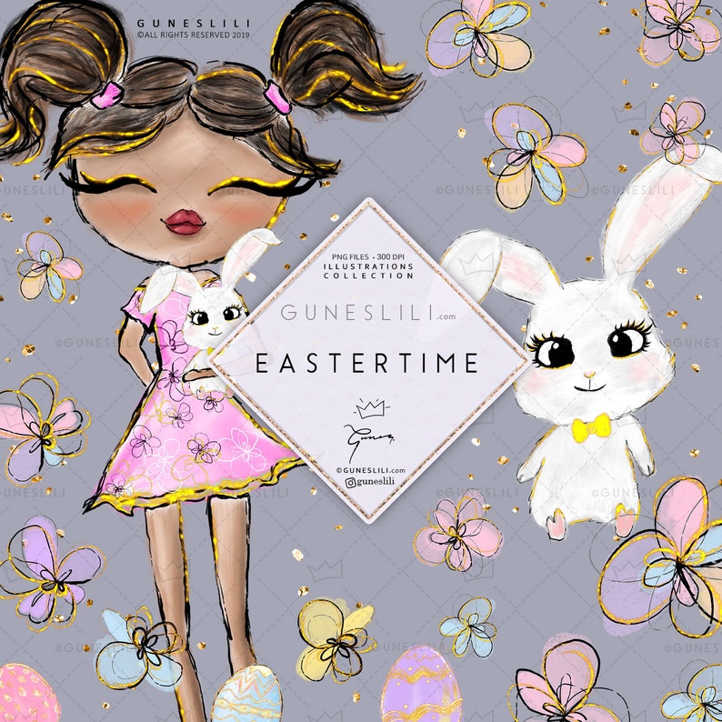 Spring Clipart Easter Eggs Clipart Spring Flowers Easter Bunny Clipart Easter Planner Stickers GunesLili Watercolor Easter Clipart Girl