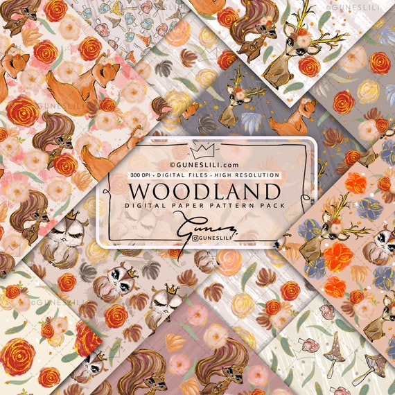 Woodland Animals Digital Paper Fall Papers Seamless Pattern Cute Fox Owl Deer Squirrel Patterns Scrapbooking Digital Download GunesLili Il_570xn