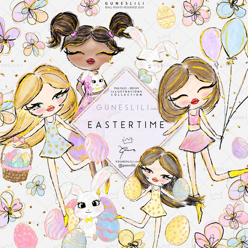 Spring Clipart Easter Eggs Clipart Spring Flowers Easter Bunny Clipart Easter Planner Stickers GunesLili Watercolor Easter Clipart Girl