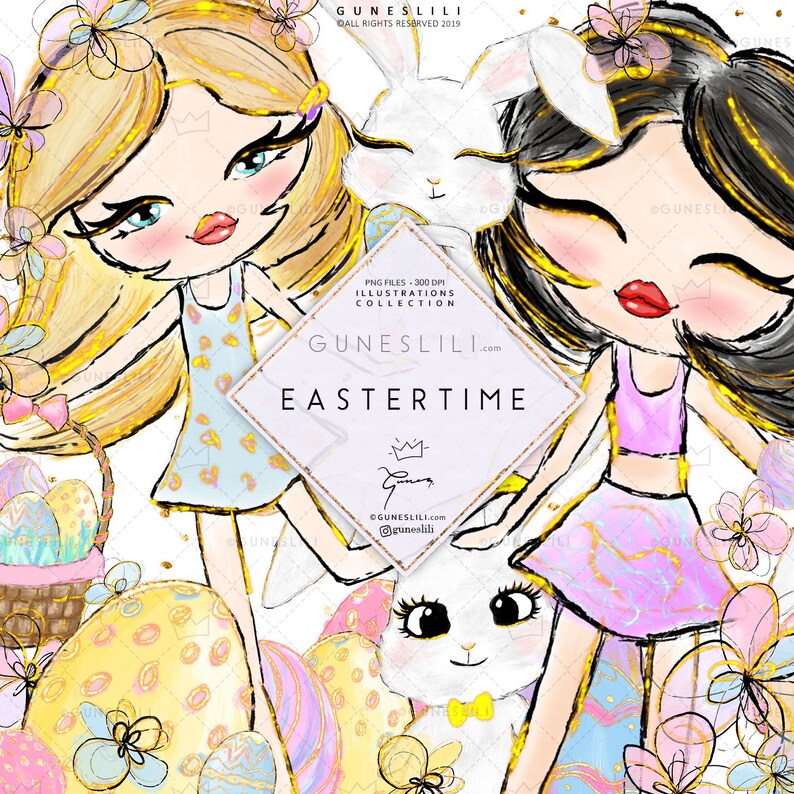 Spring Clipart Easter Eggs Clipart Spring Flowers Easter Bunny Clipart Easter Planner Stickers GunesLili Watercolor Easter Clipart Girl