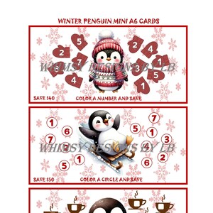 Peut inclure: Cartes Mini A6 Winter Penguin. La carte du haut montre un pingouin avec un chapeau et une écharpe avec des moufles. La carte du milieu montre un pingouin faisant de la luge. La carte du bas montre un pingouin avec une tasse. Chaque carte a du texte.