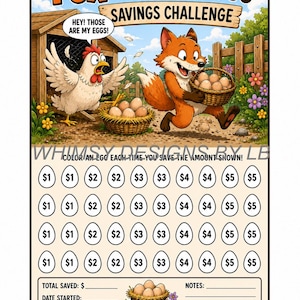 Op de afbeelding: Een spaarchallenge-tracker getiteld FOX TAKING EGGS met een cartoonvos die een mand met eieren wegdraagt bij een kip. Het onderste gedeelte bevat rijen eivormige cirkels met bedragen van $1 tot $5 die ingekleurd kunnen worden.