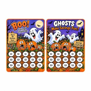 Puede incluir: Dos tarjetas rectangulares de desafío de ahorro con temas de Halloween, fantasmas, calabazas y hojas de otoño. La tarjeta izquierda dice BOO! Savings Challenge y Don't Be Scared... Save Instead! La tarjeta derecha dice GHOSTS Make Savings Fun!
