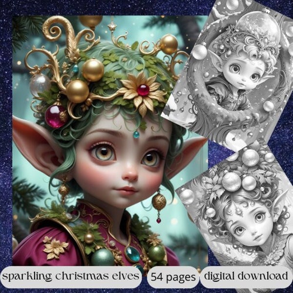 sparkling christmas elves/printable adult coloring pages/download grayscale illustrations.
