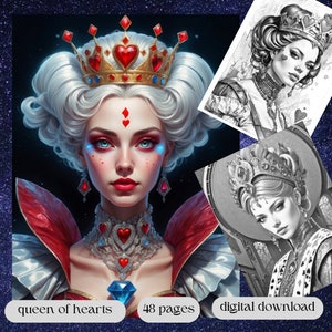 queen of hearts/printable adult kids coloring pages/download grayscale [ grayscale coloring pages [fantasy coloring [ instant PDF[portraits