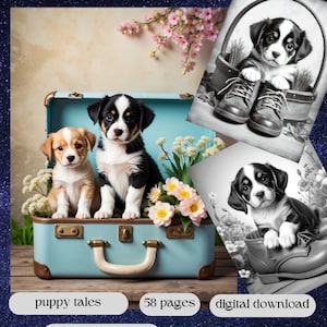 puppy verhalen/afdrukbare volwassen kinderen kleurplaten/download grijswaarden grijswaarden kleurplaten fantasie kleuren instant PDF sprookje afbeelding 2