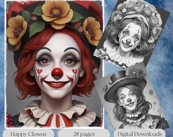happy clowns/printable adult coloring pages/download grayscale illustrations.