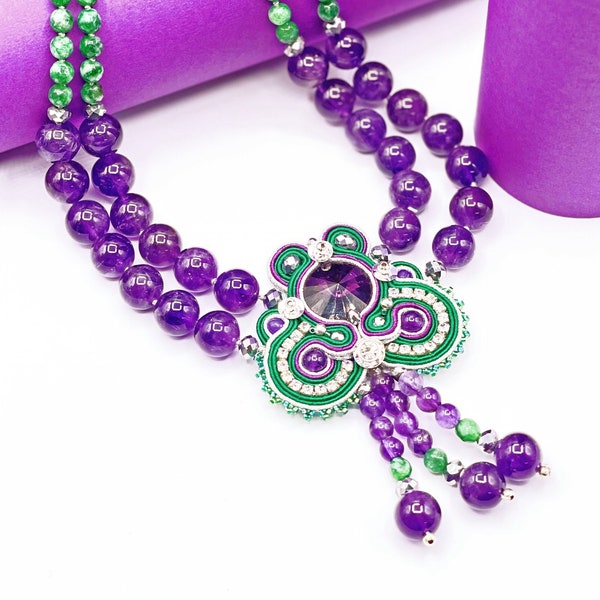 DiMò - Collana girocollo soutache ametista viola agata verde argento cristalli