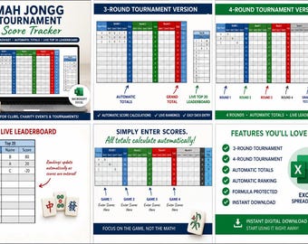 Sistema de seguimiento de puntuaciones de Mah Jongg americano / Tabla de clasificación en vivo en Excel (Descarga digital)