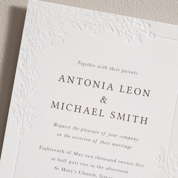 Digital and Letterpress Wedding Invitations, Blind Embossed wedding invite, Simple Modern, Luxury Cotton Card