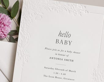 Letterpress Wildflower baby shower invitations, digitally printed onto luxury cotton card with matching envelopes