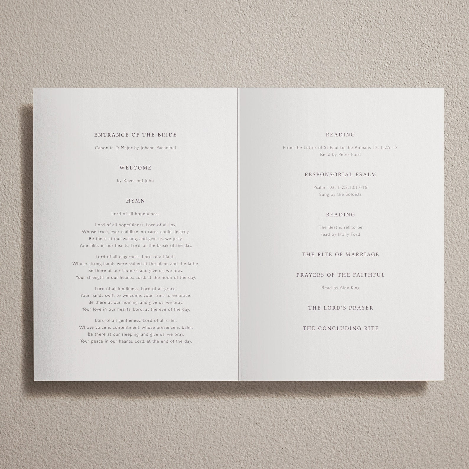 Embossed Wedding Ceremony Program, Personalised Order of Service ...