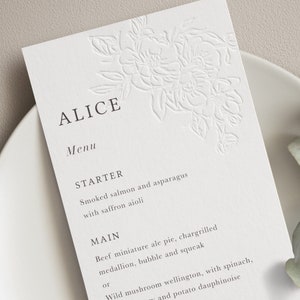 Bruiloftsmenukaarten met naam, boekdruk en digitale print. Menukaart met naamkaartje, gepersonaliseerd, dinermenu, bruiloftontbijtmenu