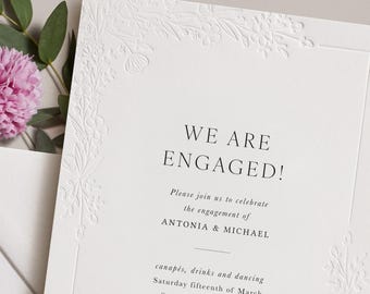 Engagement party invitations with letterpress Wildflower embossing, digitally printed onto luxury cotton card with matching envelopes