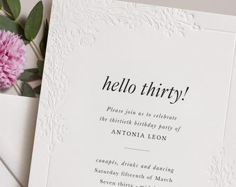 30th Birthday Letterpress Invitations, digitally printed with wildflower embossing onto luxury cotton card with matching envelopes