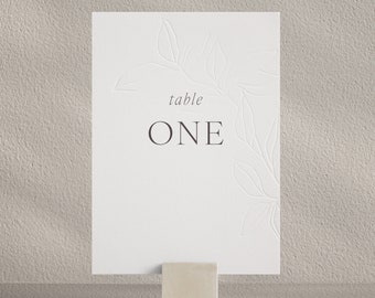 Embossed wedding table numbers. Table name cards. Customised with any text. Wedding table decor cards. Letterpress and digital print.
