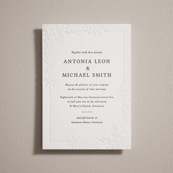 Letterpress Wedding Invitations Set. Embossed Wedding Invitation, Details Card & RSVP. Simple Modern Invitation. Luxury Thick Cotton Board