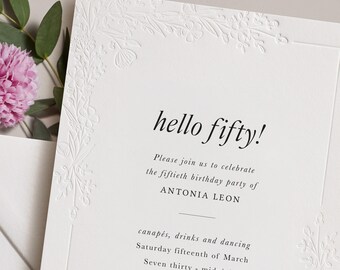 50th Birthday Letterpress Invitations, digitally printed with wildflower embossing onto luxury cotton card with matching envelopes