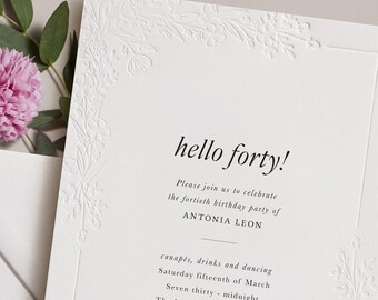 40th Birthday Letterpress invitations, digitally printed with wildflower embossing onto luxury cotton card with matching envelopes