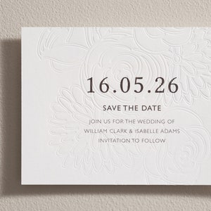 Digital and Letterpress Save the Date cards with envelopes. Blind Embossed. Personalised Save our Date. Simple, Modern Luxury cotton card