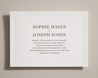 Letterpress Wedding Invitations Set. Embossed Wedding Invitation, Details Card & RSVP. Simple Modern Invitation. Luxury Thick Cotton Board