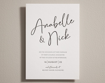 Op de afbeelding: Huwelijksuitnodiging voor Anabelle en Nick. De ceremonie vindt plaats in de St. Mary's Church in Chichester op 16 augustus om 14:00 uur, gevolgd door een receptie in Belfort Manor.