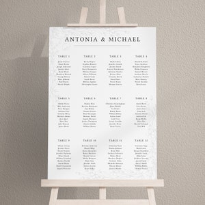 May include: A wedding seating plan on an easel. The chart displays the names "ANTONIA & MICHAEL" at the top, with guest names listed under table numbers. Floral patterns decorate the top and sides of the chart.