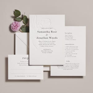 Juego de invitaciones de boda impresas en formato digital y tipográfico, invitaciones de boda, detalles y confirmación de asistencia. Estampado en relieve. Cartulina de algodón de lujo, moderna y sencilla