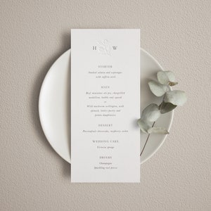 Bruiloftsmenukaarten met naam, boekdruk en digitale print. Menukaart met naamkaartje, gepersonaliseerd, dinermenu, bruiloftontbijtmenu