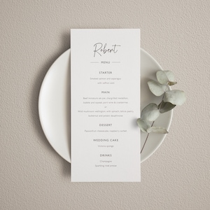 Karty menu weselnego z imieniem. Karta menu z miejscem na wizytówkę, spersonalizowana, menu kolacji, menu śniadaniowe weselne, dekoracja stołu weselnego
