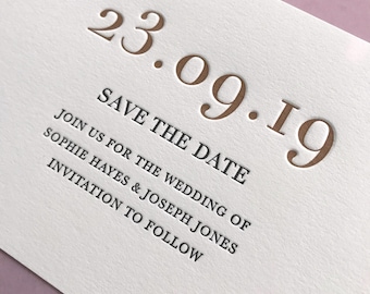 Letterpress Save the Date cards with envelopes. Blind Embossed. Personalised Save our Date. Simple, Modern Luxury cotton card