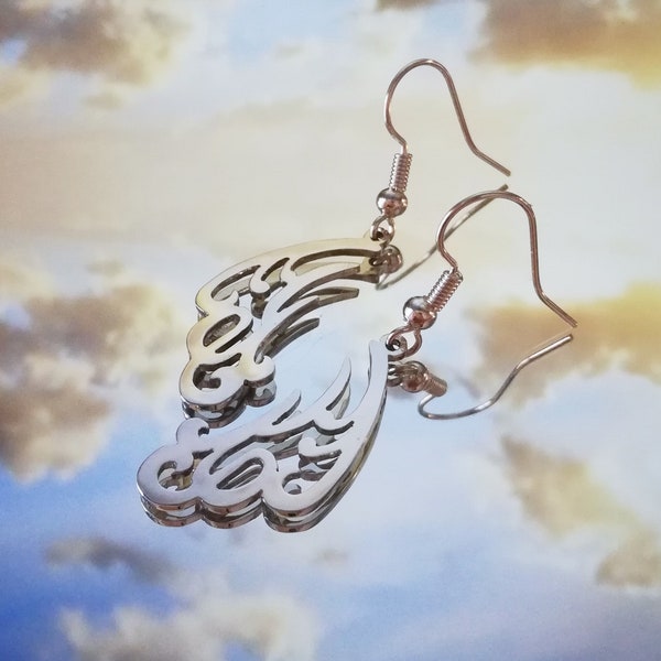 Arabic for Wind earring, abstract shape dangle French hook silver earring, word picture jewelry