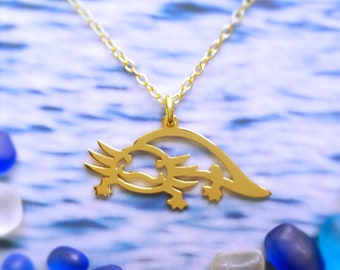 Axolotl pendant, aquarium unique jewelry, Mexico salamander charm necklace, gold plated silver top small animal jewelry